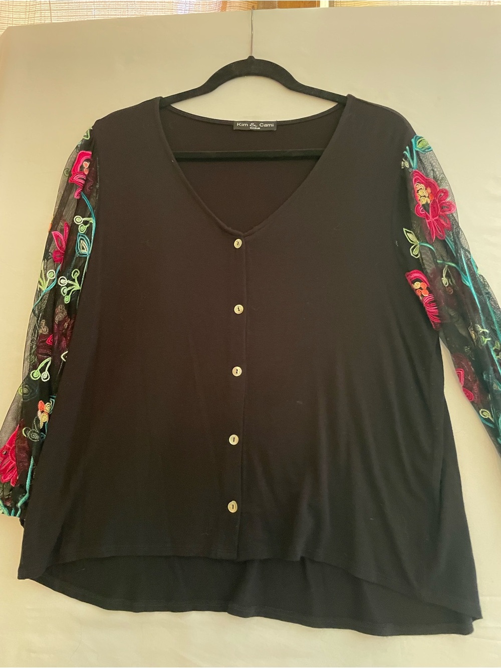 Kim & Cami Black Button-Front Top with Multicolor Embroidered Sheer Sleeves